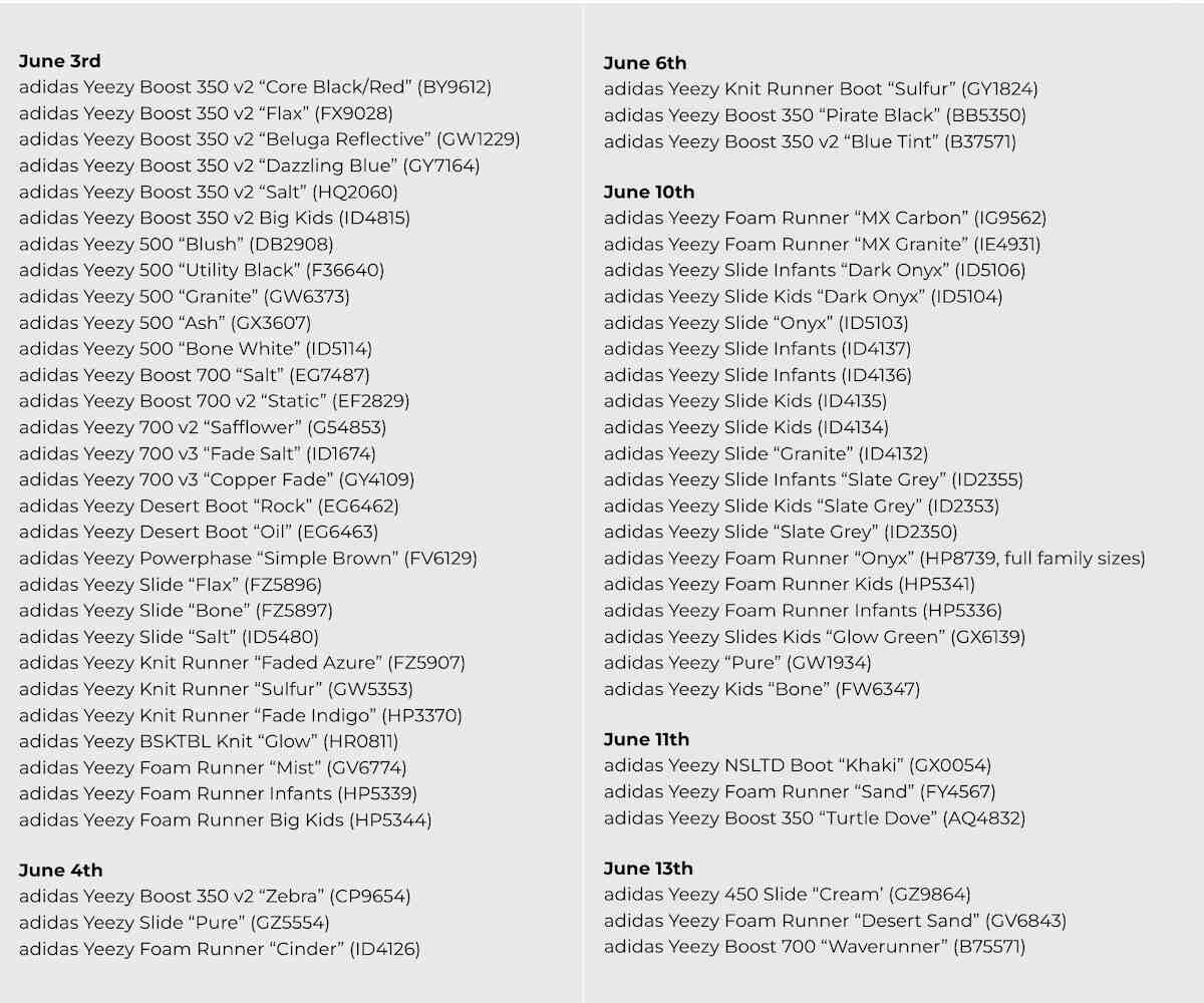 adidas Yeezy Foam Runner, adidas Yeezy Boost 350 V2, adidas Yeezy Boost 350, adidas Yeezy 700, adidas Yeezy 500, adidas Yeezy 450 - 阿迪達斯 Yeezy Day 2024 重裝上陣發佈信息