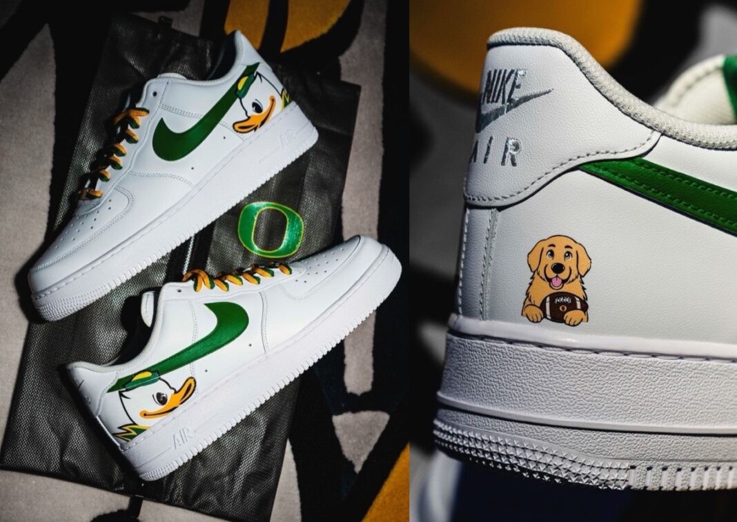 Oregon Ducks, Nike Air Force 1 Low, Nike Air Force 1, Nike - 俄勒岡州隊在與俄亥俄州隊比賽前向 "大學游戲日 "工作人員贈送定製耐克 Air Force 1 低幫鞋