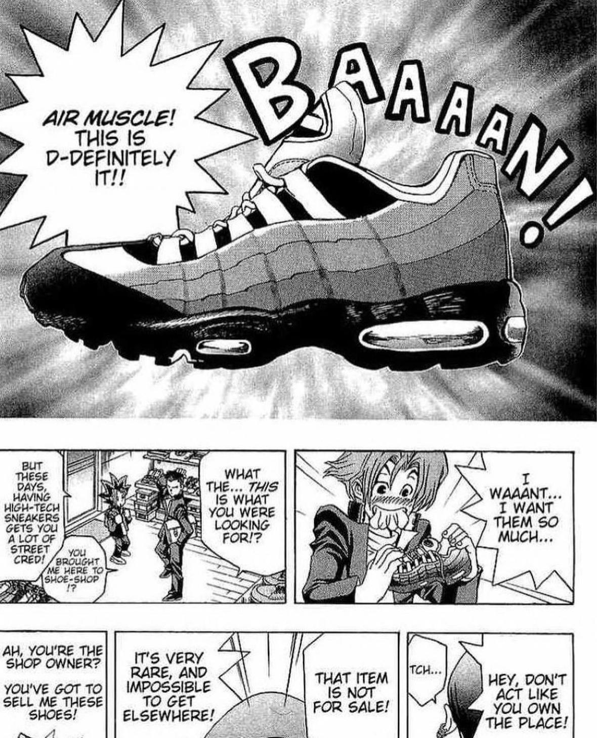 manga panel featuring the fictional Air Muscle sneaker with enthusiastic character dialogue manga panel featuring the fictional Air Muscle sneaker with enthusiastic character dialogue