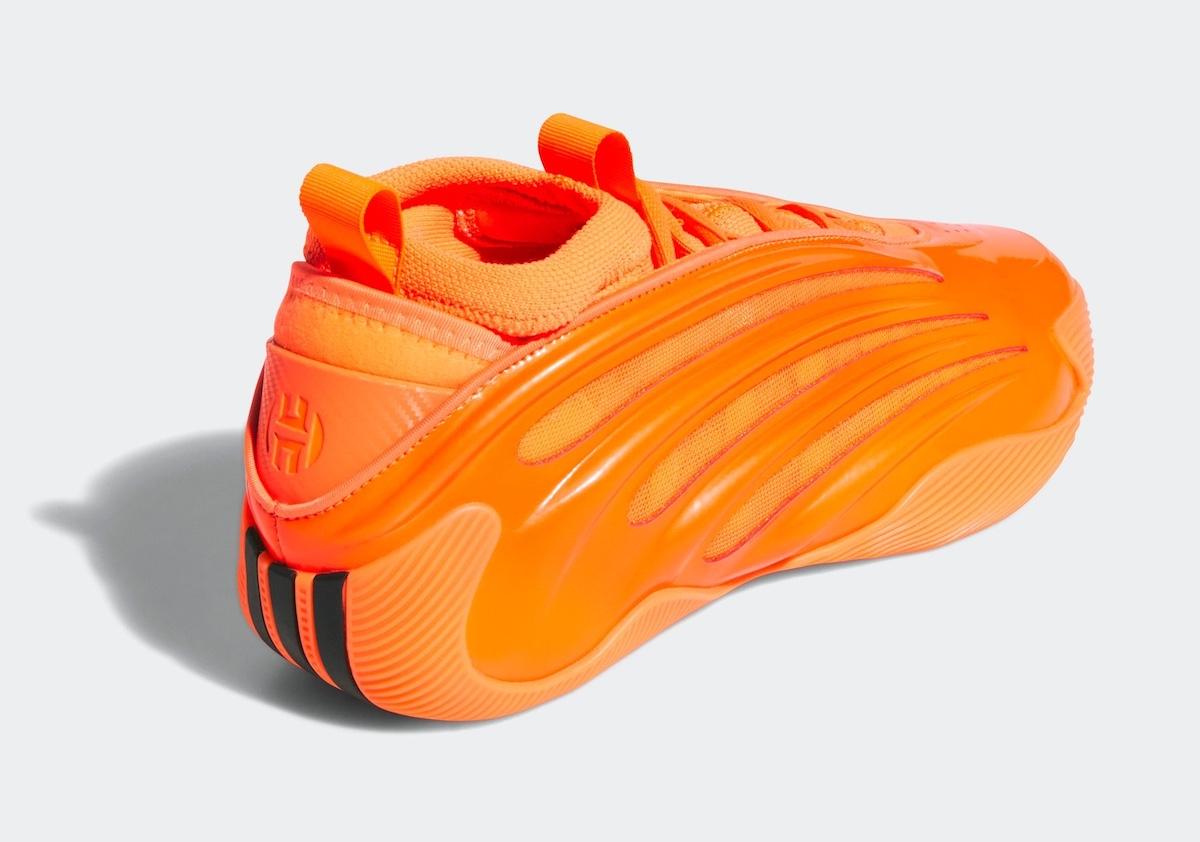 adidas Harden Vol. 9 'Dynamo Solar Orange' basketball shoe featuring a bold, sculpted design with glossy TPU overlays and a bright orange mesh upper. adidas Harden Vol. 9 'Dynamo Solar Orange' basketball shoe featuring a bold, sculpted design with glossy TPU overlays and a bright orange mesh upper.