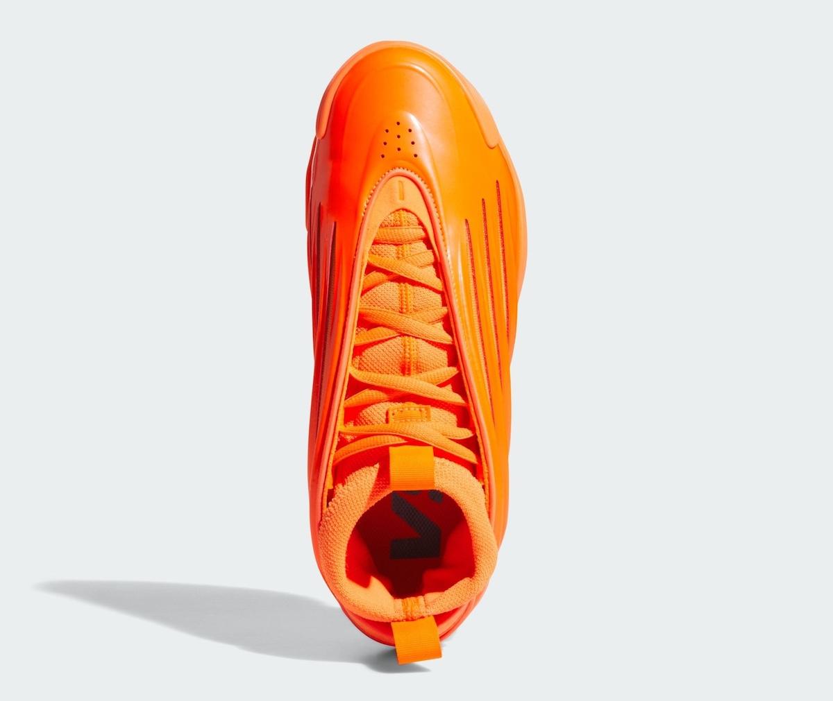 adidas Harden Vol. 9 'Dynamo Solar Orange' basketball shoe featuring a bold, sculpted design with glossy TPU overlays and a bright orange mesh upper. adidas Harden Vol. 9 'Dynamo Solar Orange' basketball shoe featuring a bold, sculpted design with glossy TPU overlays and a bright orange mesh upper.