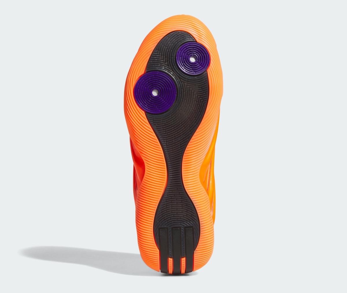 adidas Harden Vol. 9 'Dynamo Solar Orange' basketball shoe featuring a bold, sculpted design with glossy TPU overlays and a bright orange mesh upper. adidas Harden Vol. 9 'Dynamo Solar Orange' basketball shoe featuring a bold, sculpted design with glossy TPU overlays and a bright orange mesh upper.