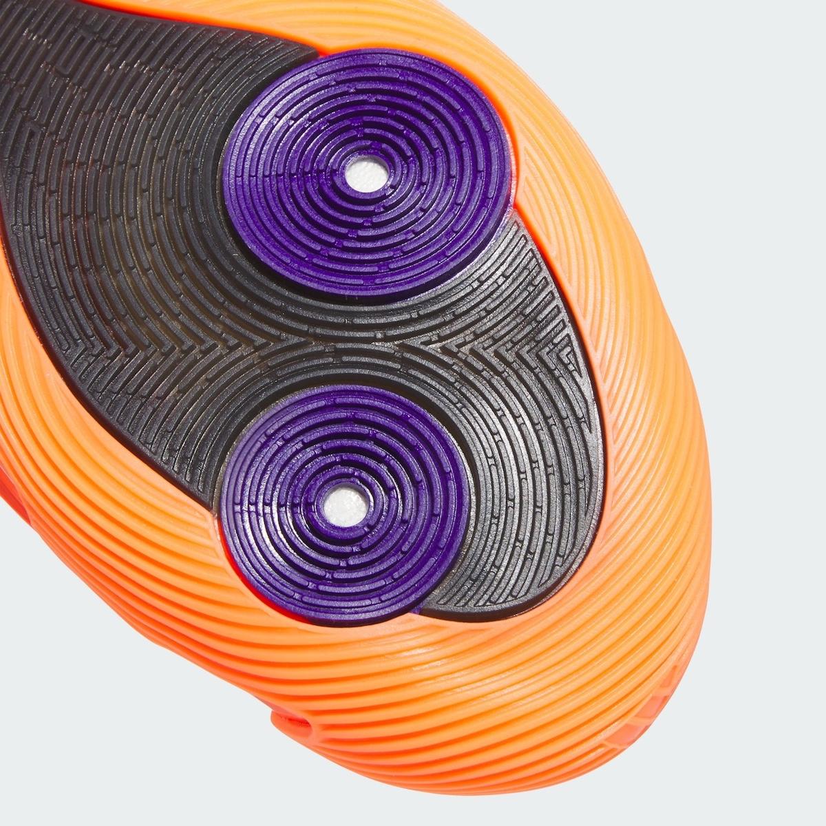 adidas Harden Vol. 9 'Dynamo Solar Orange' basketball shoe featuring a bold, sculpted design with glossy TPU overlays and a bright orange mesh upper. adidas Harden Vol. 9 'Dynamo Solar Orange' basketball shoe featuring a bold, sculpted design with glossy TPU overlays and a bright orange mesh upper.