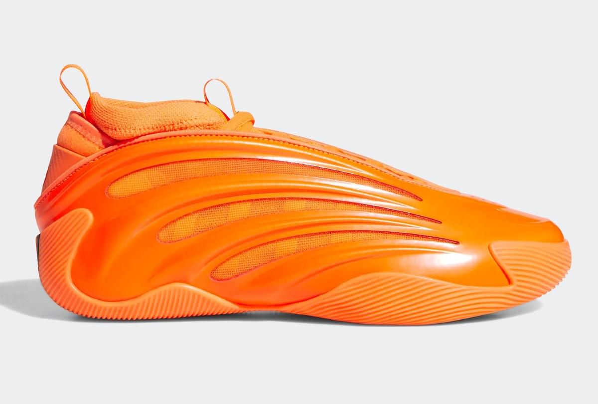 adidas Harden Vol. 9 'Dynamo Solar Orange' basketball shoe featuring a bold, sculpted design with glossy TPU overlays and a bright orange mesh upper. adidas Harden Vol. 9 'Dynamo Solar Orange' basketball shoe featuring a bold, sculpted design with glossy TPU overlays and a bright orange mesh upper.