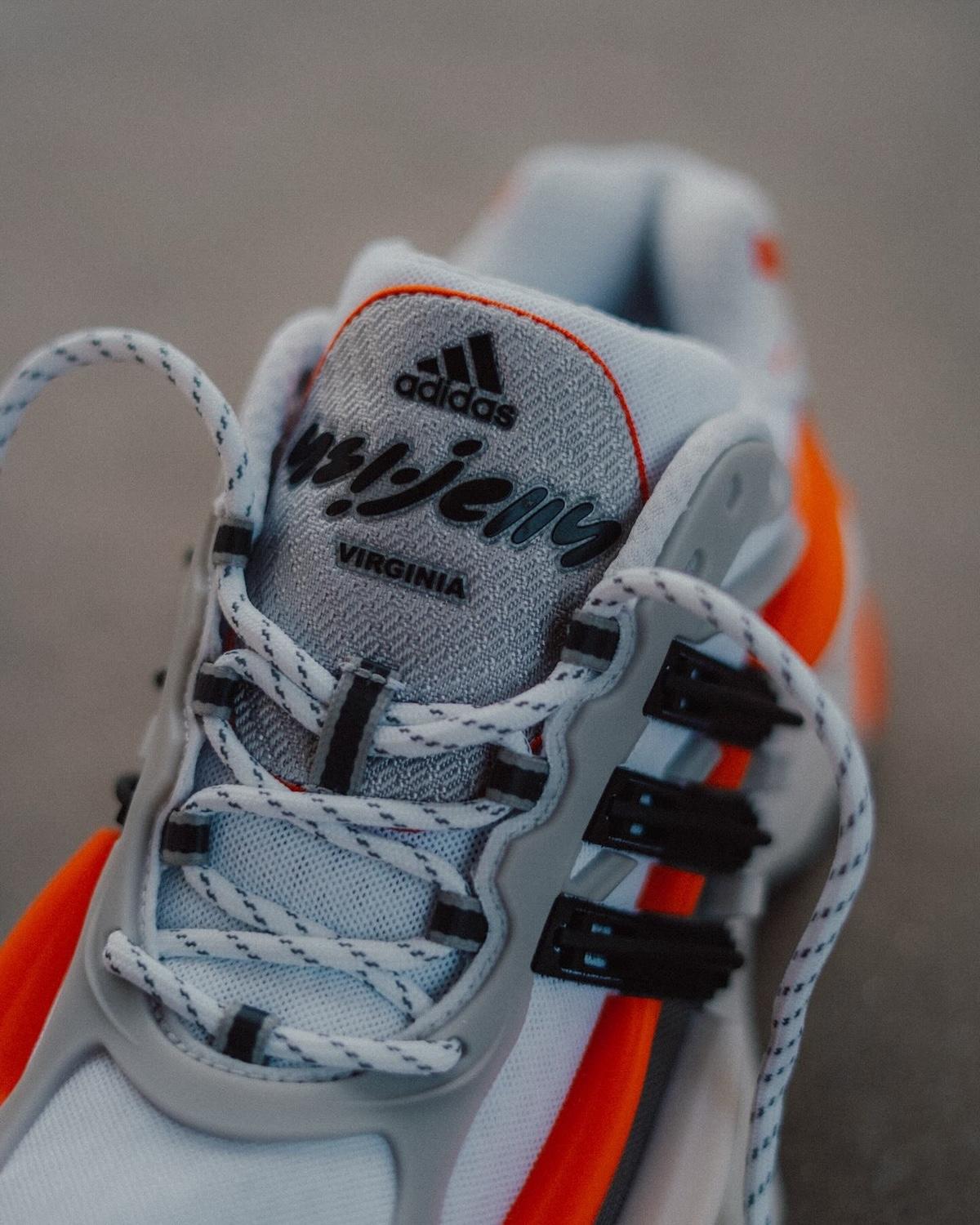 Pharrell x adidas Adistar Jellyfish Tongue Branding – A close-up of the sneaker's tongue featuring adidas branding and Pharrells signature Virginia script, paying homage to his home state. Pharrell x adidas Adistar Jellyfish Tongue Branding – A close-up of the sneaker's tongue featuring adidas branding and Pharrells signature Virginia script, paying homage to his home state.