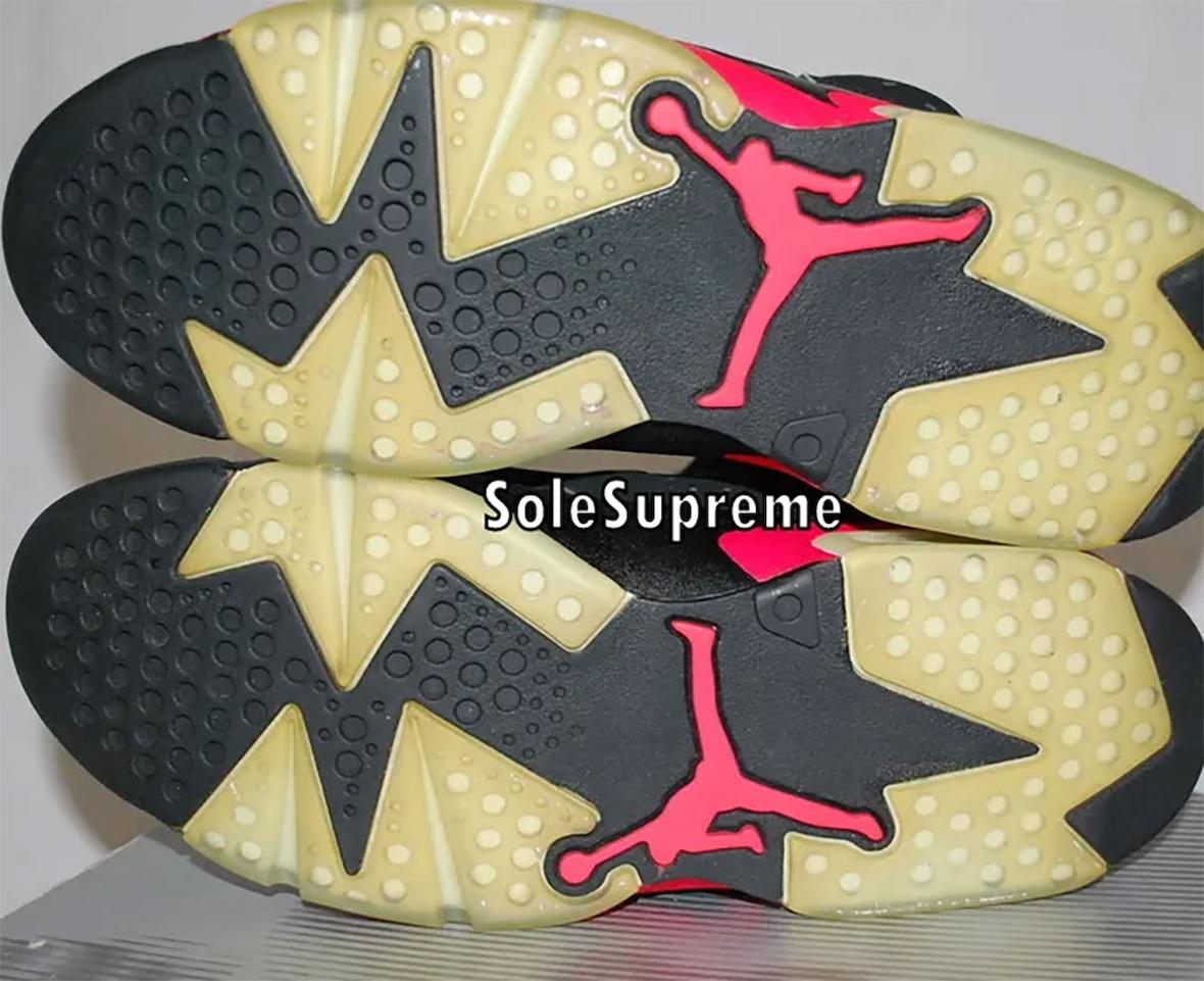 Close-up of the Air Jordan 6 Reverse Infrared original sample showcasing black nubuck uppers, vibrant infrared midsole accents, and icy aged outsoles displayed on top of the retro-style Jordan box. Close-up of the Air Jordan 6 Reverse Infrared original sample showcasing black nubuck uppers, vibrant infrared midsole accents, and icy aged outsoles displayed on top of the retro-style Jordan box.