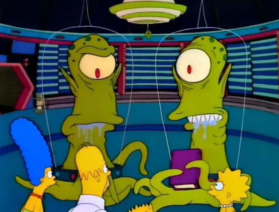 The Simpsons Treehouse of Horror Kang and Kodos aliens with Homer, Marge, and Lisa scene.