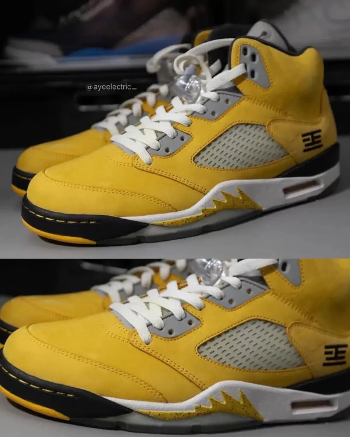 Original 2011 Air Jordan 5 Tokyo 23 sample with yellow suede upper, white laces, Kanji logo, and rare yellow toe outsole not featured on the retail version.
