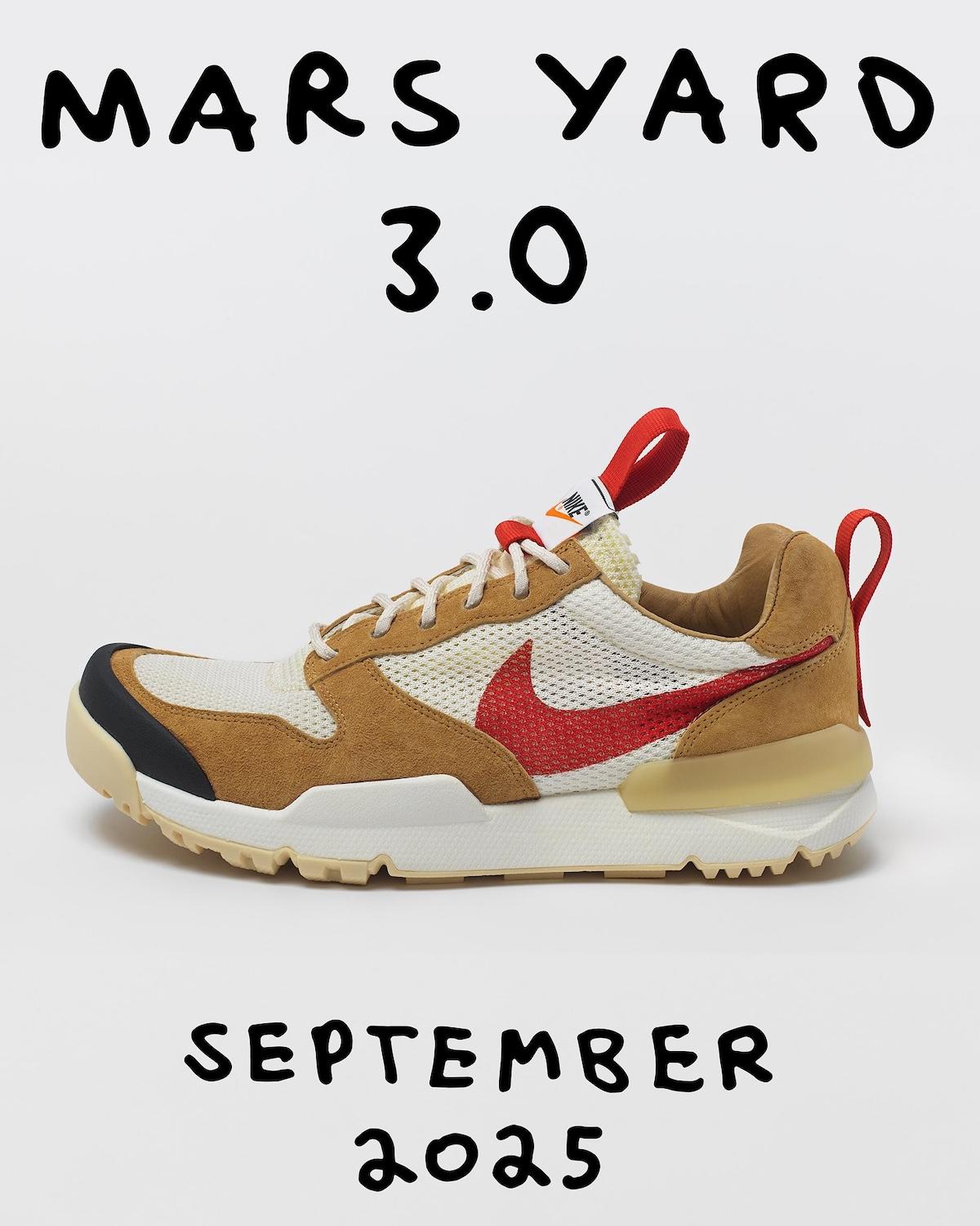 Side profile of the Tom Sachs x Nike Mars Yard 3.0, featuring mesh and suede construction, red pull tabs, and a printed Nike Swoosh. Side profile of the Tom Sachs x Nike Mars Yard 3.0, featuring mesh and suede construction, red pull tabs, and a printed Nike Swoosh.
