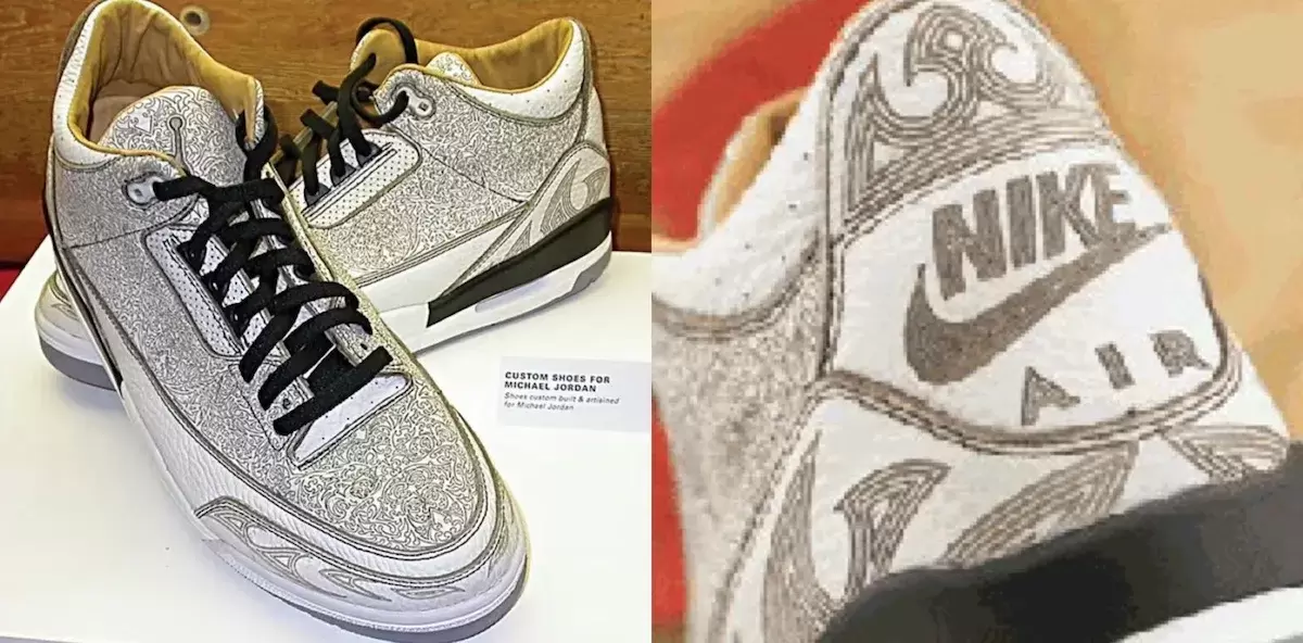 米高-喬丹的專屬 Air Jordan 3 "激光 "PE,2003 年為慶祝其 40 歲生日而製作。 Air Jordan 3 Laser PE designed for Michael Jordan』s 40th birthday in 2003, featuring intricate laser-etched details.