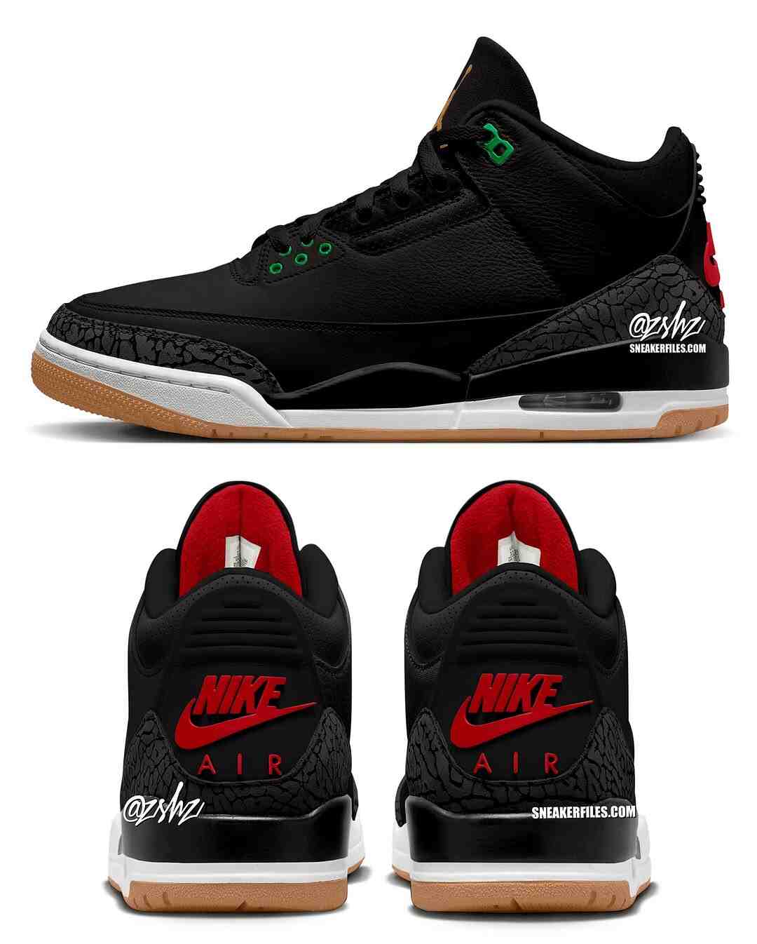 Air Jordan 3 Teyana Taylor sneaker in black leather with green eyelets, red inner lining, and gum outsole Air Jordan 3 Teyana Taylor sneaker in black leather with green eyelets, red inner lining, and gum outsole