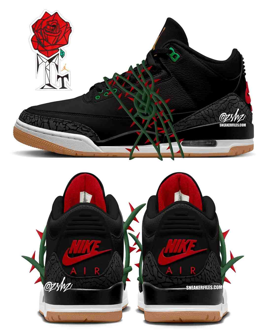 Teyana Taylor Air Jordan 3 with removable green rose thorns and red Nike Air heel branding Teyana Taylor Air Jordan 3 with removable green rose thorns and red Nike Air heel branding