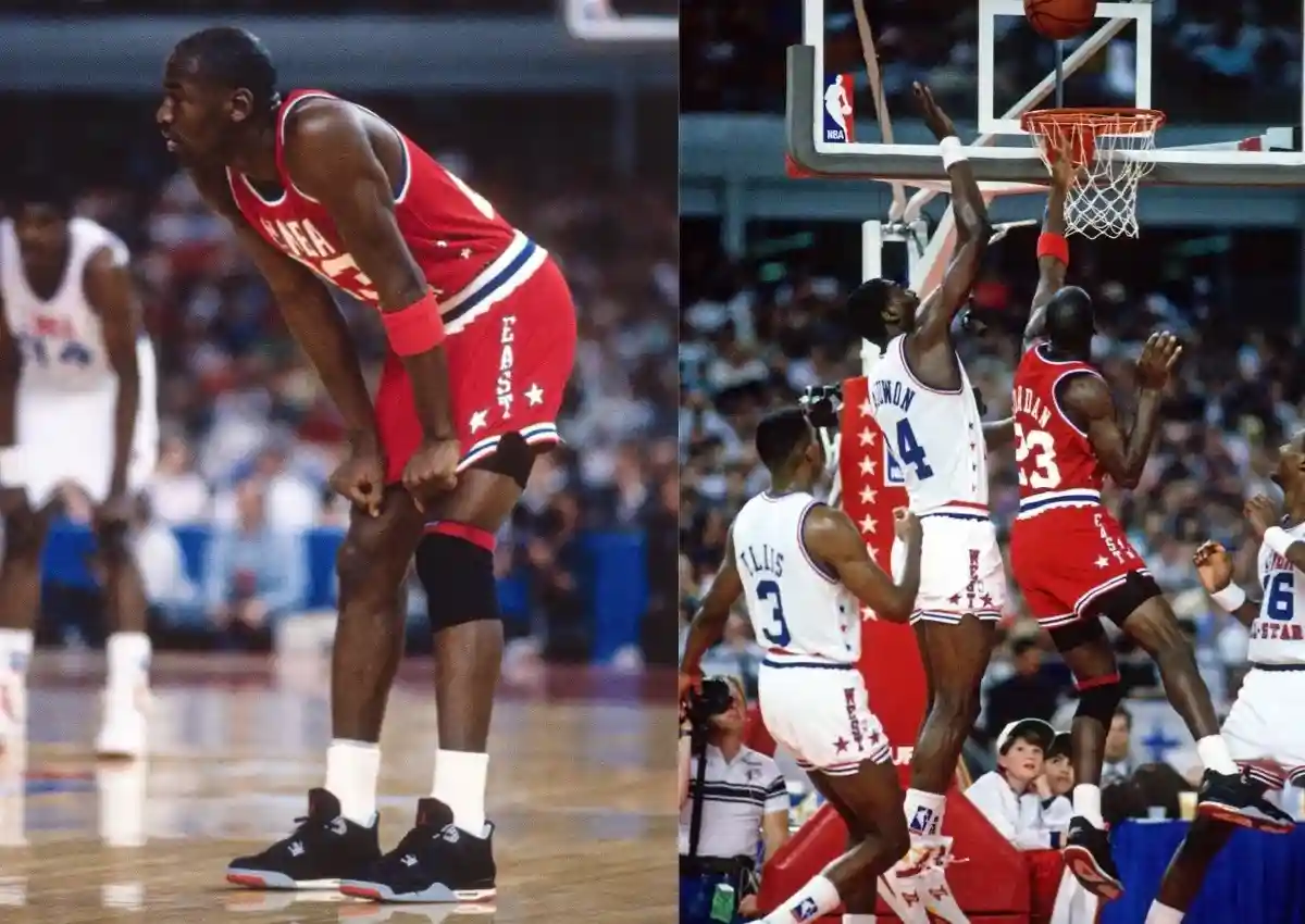 1989 年在德克薩斯州休斯敦舉行的 NBA 全明星賽上,米高-喬丹穿着 "Bred "Air Jordan 4。NBA 照片/NBAE via Getty Images Michael Jordan wearing the Bred Air Jordan 4 during the 1989 NBA All-Star Game, shown in two on-court action shots—one of him resting with hands on knees, and another of him driving to the basket against Western Conference defenders.